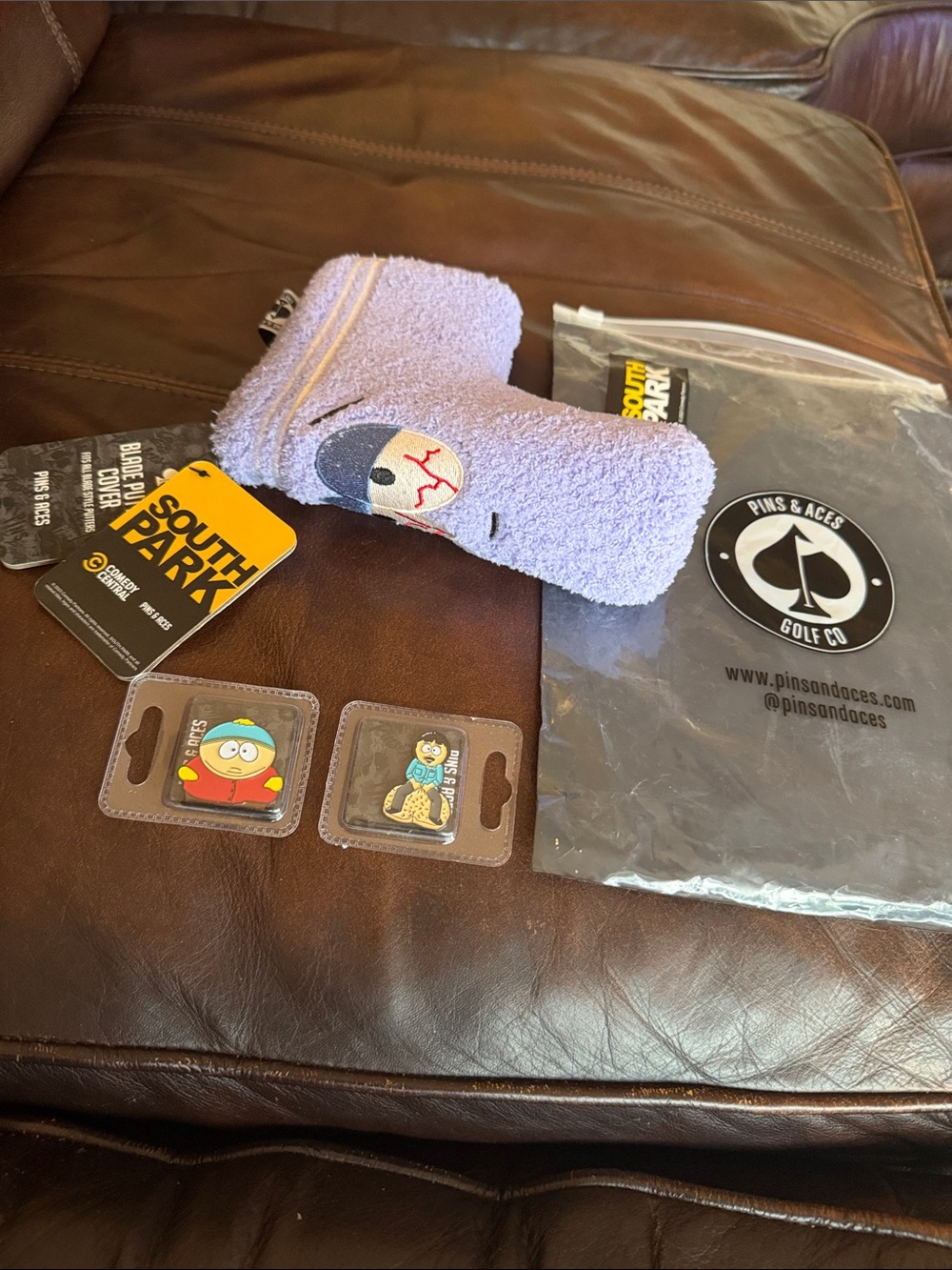 Lavender Pins & Aces Comedy Central Blade Putter Headcover and 2 Enamel Pins